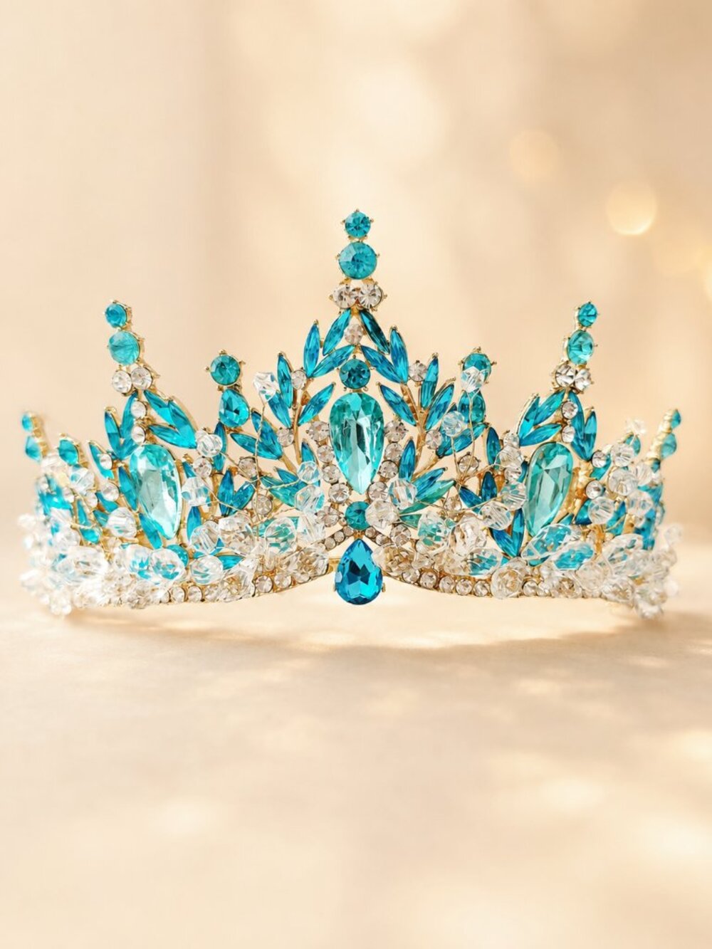 Aqua Blue Crystal Tiara, Gold Crown for Weddings, Pageants and Quinceañeras
